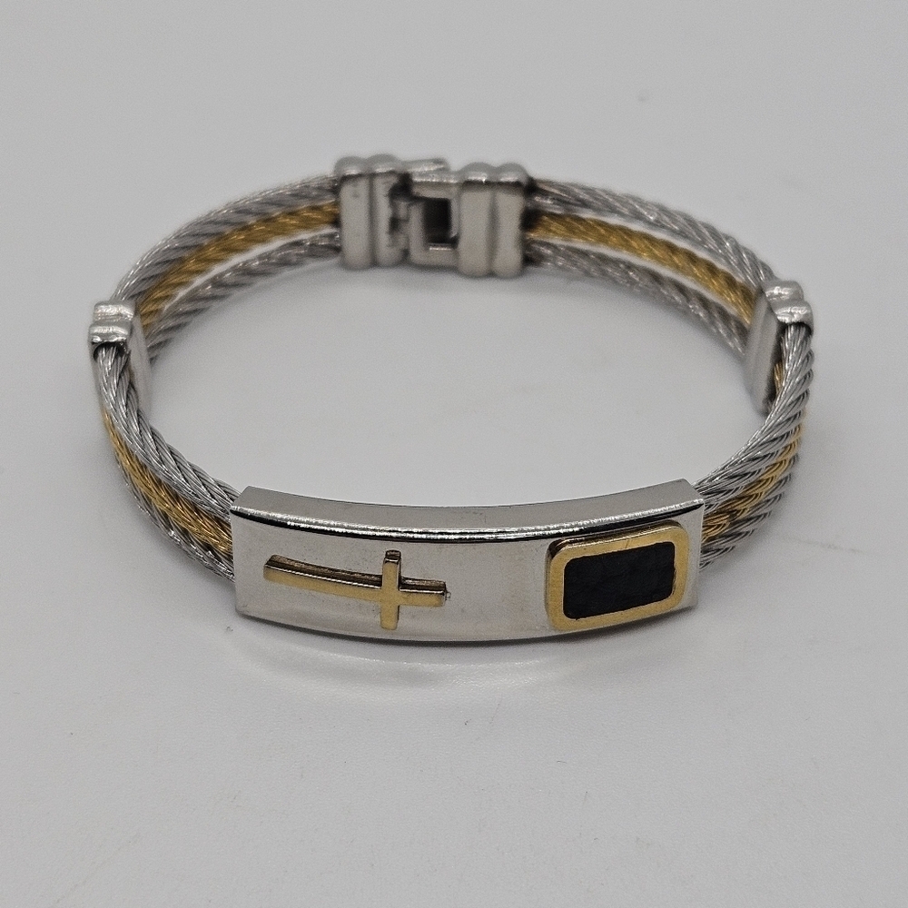 multimetallic steel cable bracelet with cross and leather detail